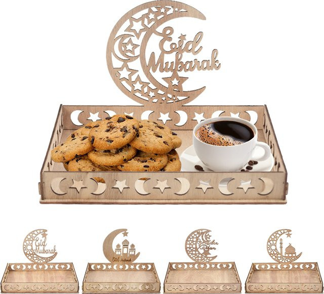 ZQNYCY Holz-Serviertablett mit Mond- und Stern-Design in Braun für Ramadan und Eid Mubarak als orientalische Tischdekoration - Bild 1