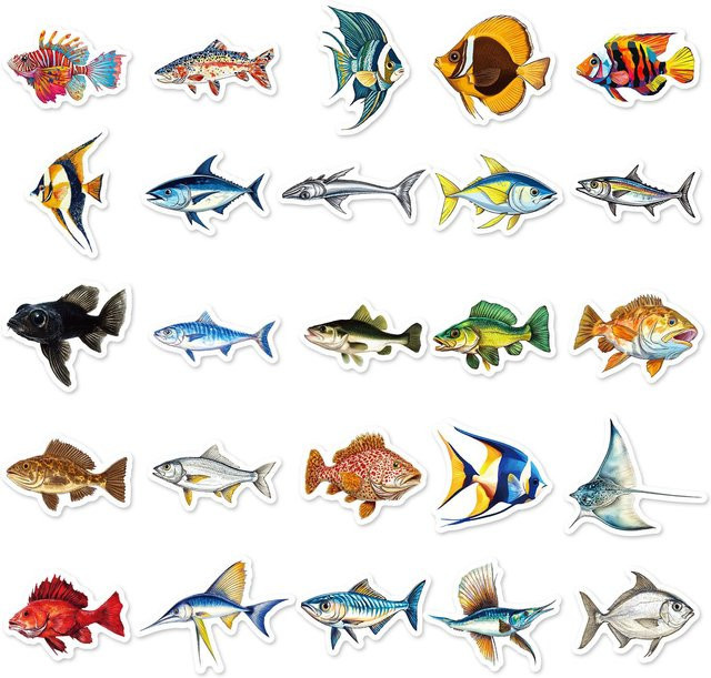 50 realistische Meerfisch-Aufkleber im Cartoon-Stil, wasserfeste DIY-Aufkleber für Kinder zur Dekoration von Koffern, Kühlschränken und Notizbüchern, mehrfarbig - Bild 1