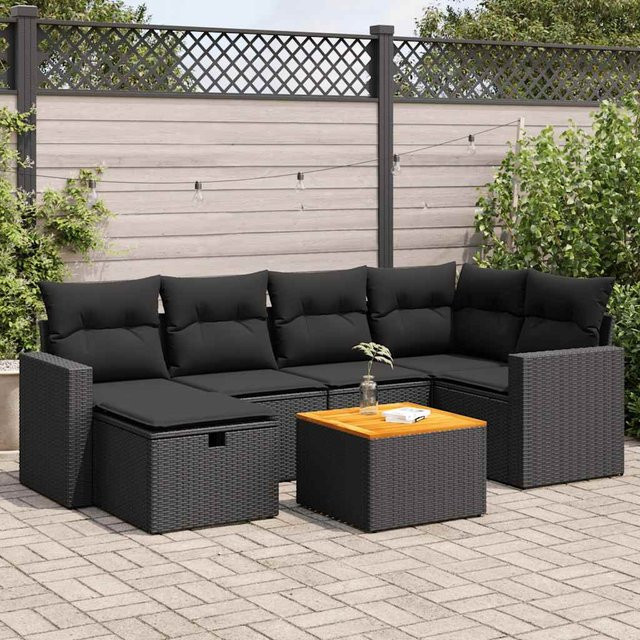 vidaXL 7-tlg. Garten-Sitzgruppe in L-Form mit Kissen, Schwarz, aus Akazienholz und pulverbeschichtetem Stahl - Bild 3