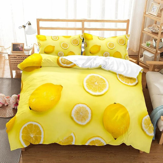 Bettwäscheset mit Zitronen-Fruchtmuster von JMG Household Supplies in Gelb, bestehend aus Bettbezug und Kissenbezug aus Mikrofaser, Breite: 70 cm, Länge: 133 cm - Bild 1