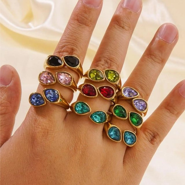 CARLIDANA Offener Ring Edelstahl, bunter Doppelstein, Birnenschliff, Unisex - Bild 1