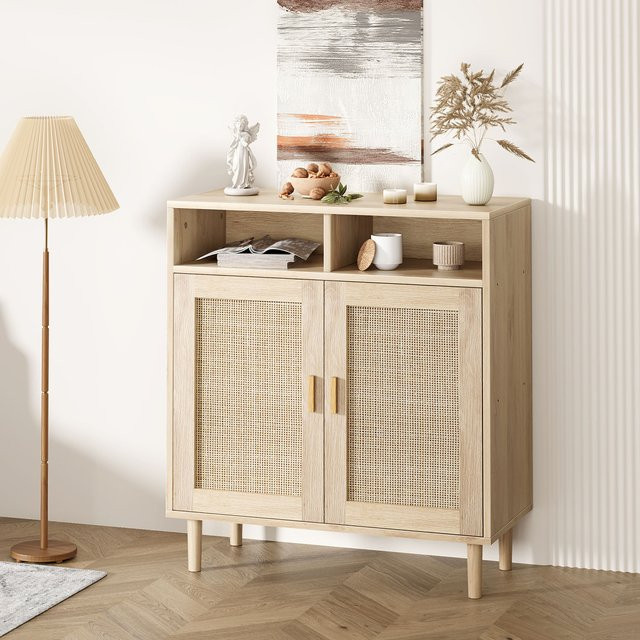HiMISS Rattan Buffet Sideboard Set mit 4 Türen und verstellbaren Regalen - Bild 1