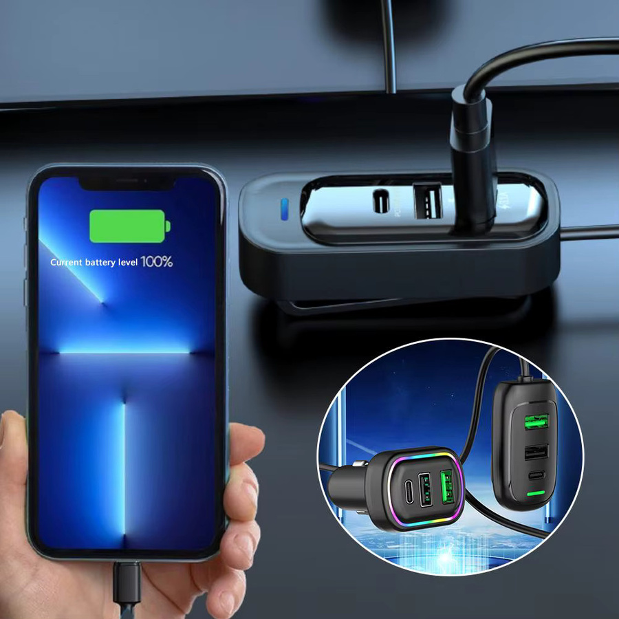 USB Typ-C Autoladegerät mit 6 Ports und RGB-Licht, PD Schnelllade-Netzteil für Telefon und Tablet, Schwarz - Bild 3