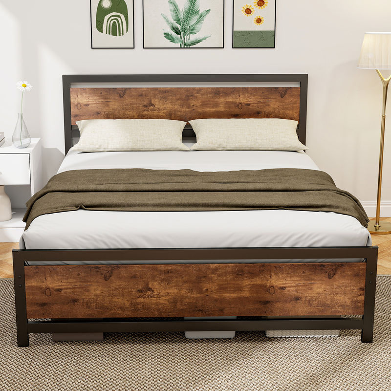 Aosom Doppelbettgestell aus Stahl und MDF mit Lattenrost und Kopfteil, Farbe: Braun/Schwarz, B/T/H: 160 x 200 x 167 cm - Bild 2