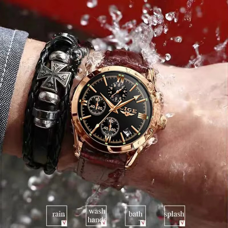 LIGE Chronograph, Quarzuhr, Leder, Schwarz, orange, Herren - Bild 5