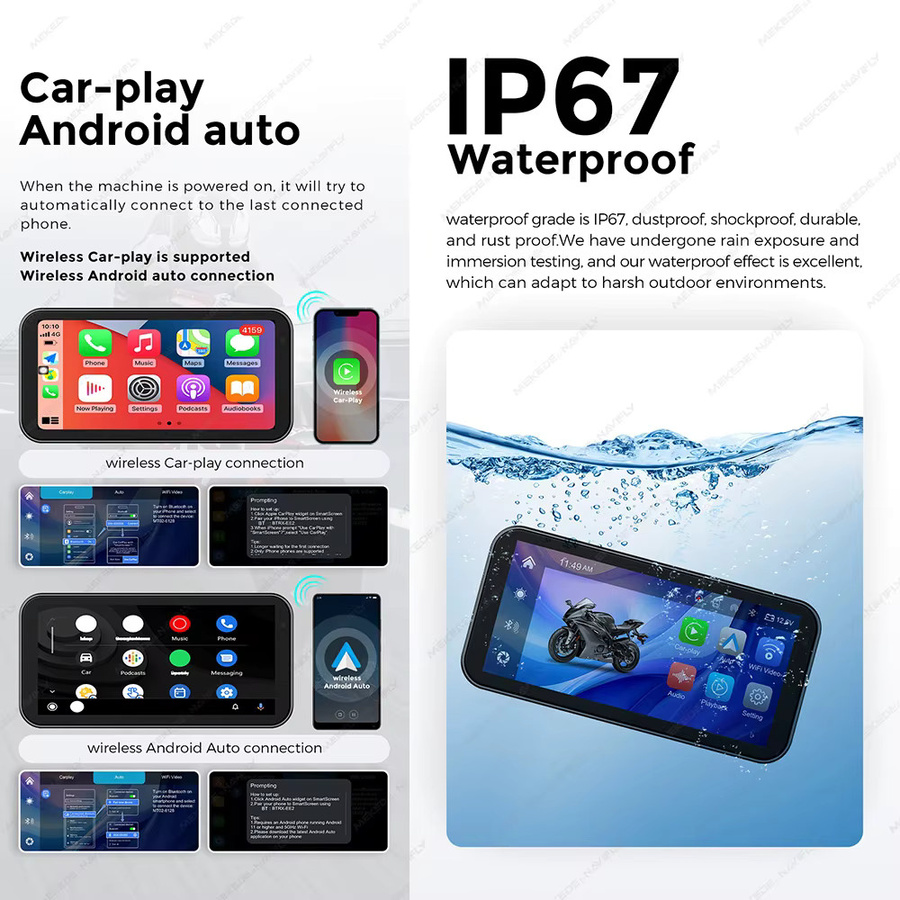 Navifly Tragbares Motorrad-Navigationssystem mit 6,25 Zoll Touchscreen, IP67 Wasserdicht, Drahtloses CarPlay und Android Auto, 1080P Full HD, GPS und TPMS, Schwarz - Bild 2