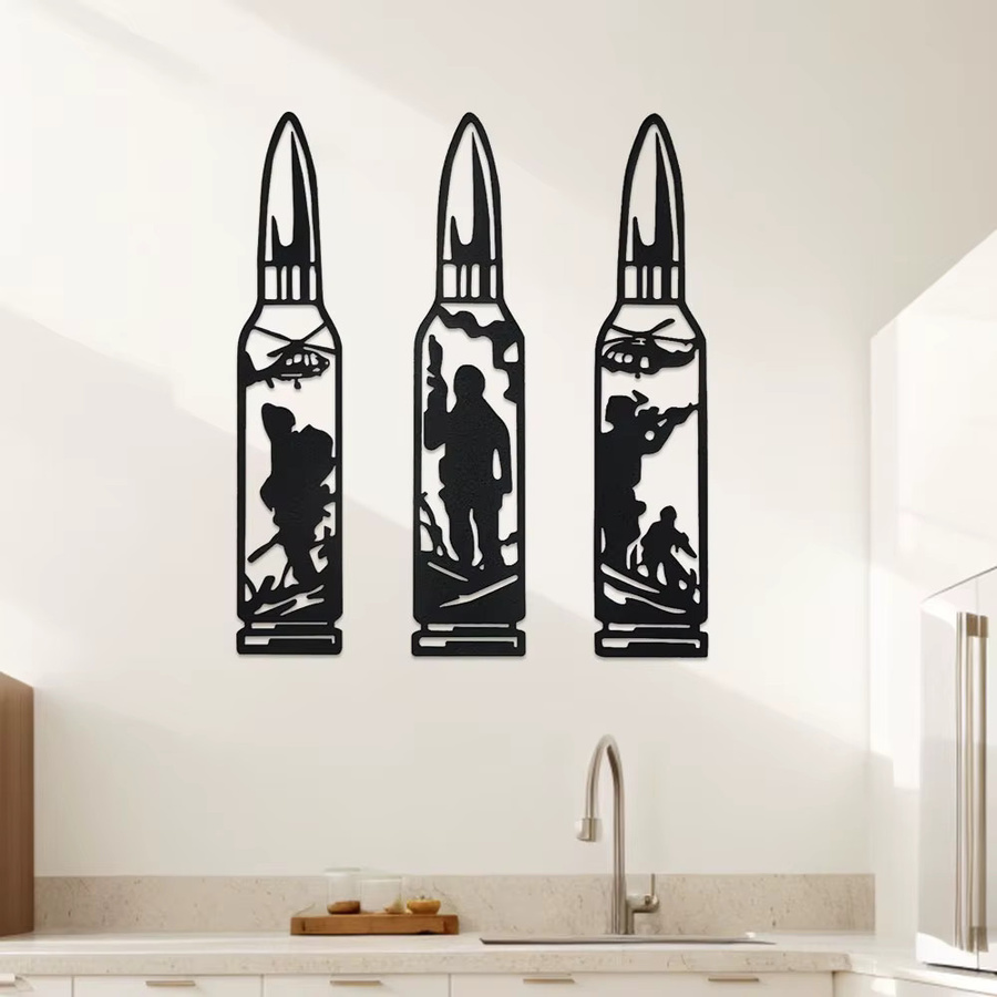 DDPNKL 3-teiliges Wandkunst-Dekor aus Metall in Schwarz mit Soldatenkugel für Innen- und Außenbereich - Bild 2