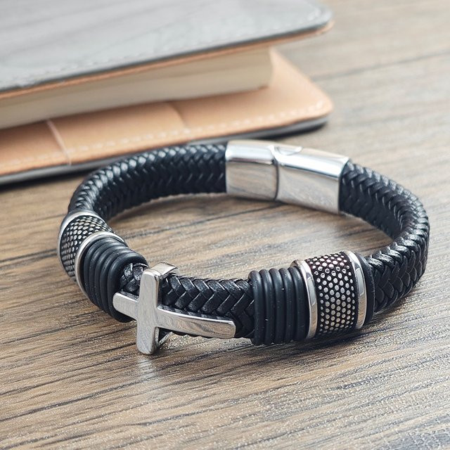 jiangmingao Armband, Leder, Schwarz, Kreuzdesign, Herren - Bild 1