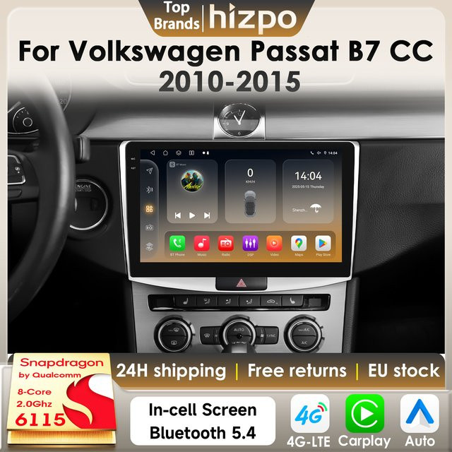 Hizpo Android 14 Autoradio für Volkswagen Passat B7 CC 2010-2015 mit 8GB RAM, 128GB Speicher, Snapdragon 6115, GPS, 4G, Carplay und Multimedia-Funktionen in Schwarz - Bild 1