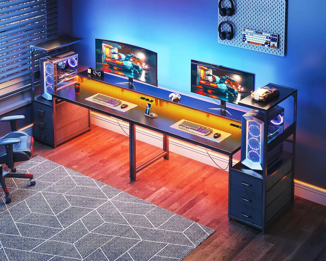 Coleshome Gaming Schreibtisch mit LED-Beleuchtung und Steckdose, Carbon Fiber Schwarz, Breite: 151 cm, Tiefe: 50 cm - Bild 2