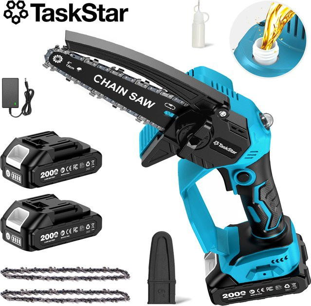 TaskStar 6-Zoll bürstenlose Akku-Kettensäge mit automatischer Ölschmierung und 2 Stück 2000-mAh-Akkus zum Schneiden von Holz und Beschneiden von Zweigen - Bild 1