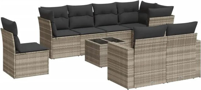 vidaXL 9-teilige Garten-Sofagarnitur aus Poly-Rattan mit Kissen in Hellgrau - Bild 1