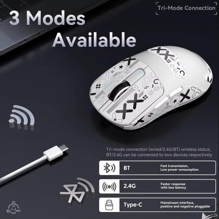 ATTACK SHARK X3 Superlight Gaming-Maus mit PixArt PAW3395 Sensor, kabellos via Bluetooth oder 2.4G sowie kabelgebunden, 26000 DPI, Schwarz oder Weiß - Bild 3