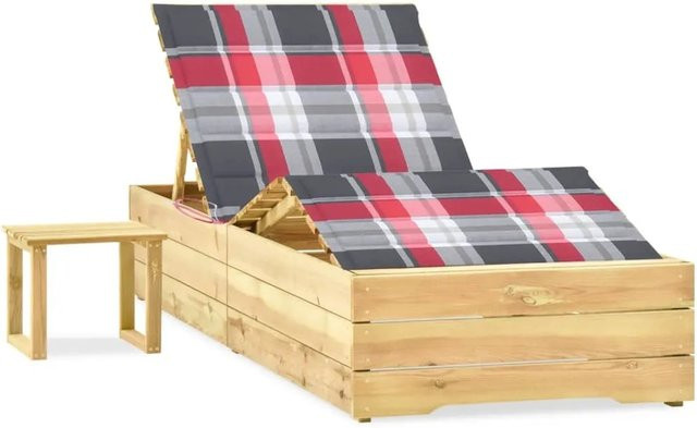 vidaXL Garten-Sonnenliege aus imprägniertem Kiefernholz mit Tisch und Auflage in Rot/Mehrfarbig, B/T/H: 198 x 90 x 30-75 cm - Bild 1