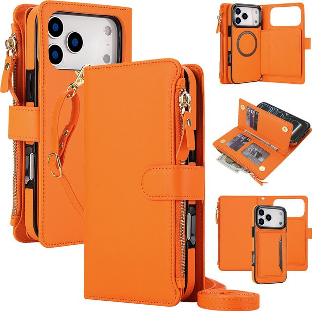 HQBBRO Crossbody Lederhülle für iPhone 11 bis 17 Pro Max mit Kartenfach und langer Umhängekordel, MagSafe-kompatibel, Weiß und Orange - Bild 1