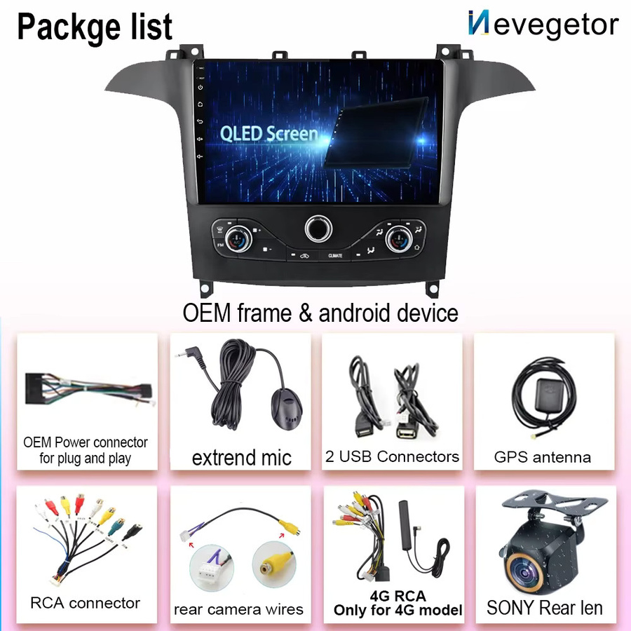 Nevegetor Android 15 Multimedia Player mit GPS Navigation und HDR QLED Display für Ford S-Max 2006-2015 und Ford Galaxy 2014 in Schwarz - Bild 5