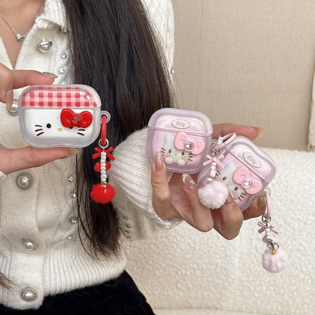 Hello Kitty Cartoon Schutzhülle für Apple AirPods 1 2 3 4 Pro und Pro 2 mit Anhänger - Bild 1