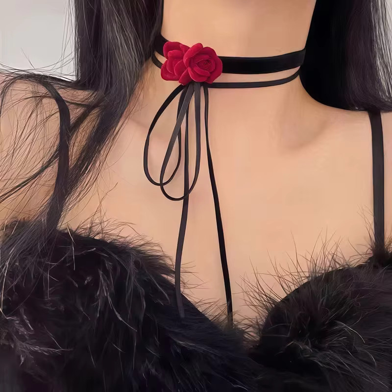 Halskette Damen, Samtblumen, Retro-Schleife, Schwarz, Rot, Vintage - Bild 5