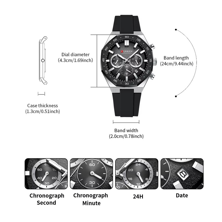 CURREN Chronograph Armbanduhr, Quarz, Silikon, Schwarz, Herren - Bild 3