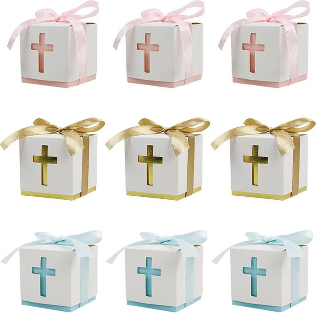 Geschenkbox mit Kreuz-Design für Taufe und Erstkommunion in Blau und Weiß aus Papier mit Band - Bild 1