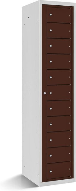 rotstahl Fächerschrank mit Zentraltür und 11 Fächern in Mahagoni mit lichtgrauem Korpus, B/T/H: 40 x 50 x 180 cm - Bild 1