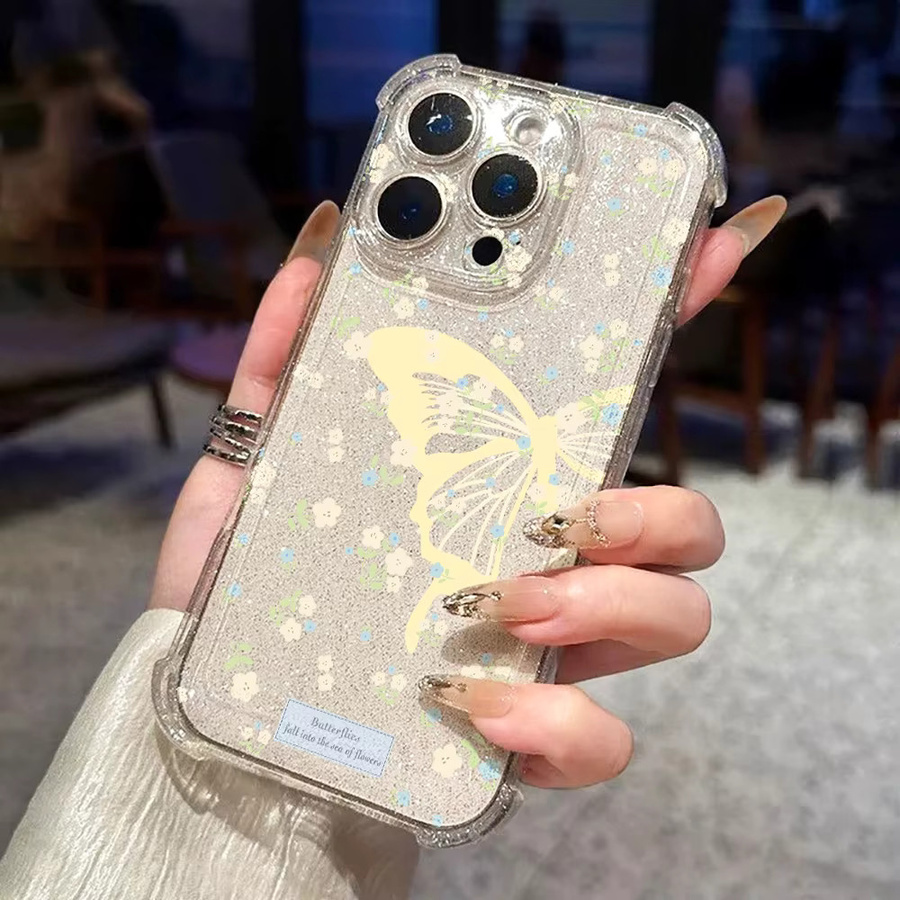 Transparente Silikon Handyhülle mit Schmetterlings-Blumenmuster und Glitzer-Effekt für iPhone 11 bis iPhone 17 Pro Max - Bild 3