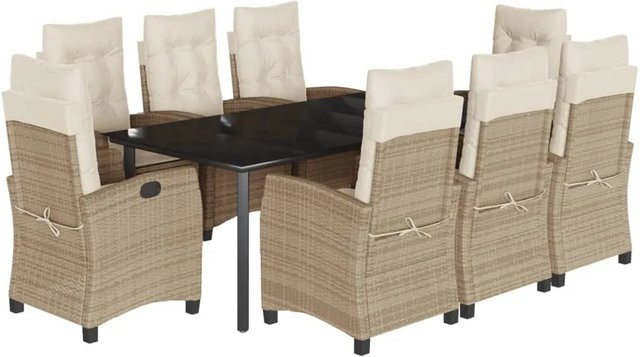 vidaXL 9-teilige Garten-Essgruppe aus Poly Rattan mit Kissen in Beige und Cremeweiß sowie Glastisch - Bild 1