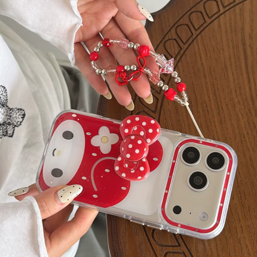 My Melody 3D Schleifenknoten Handyhülle für Apple iPhone 17 16 15 14 Pro Max 13, Stoßfeste TPU Schutzhülle mit Kette, Rot - Bild 3