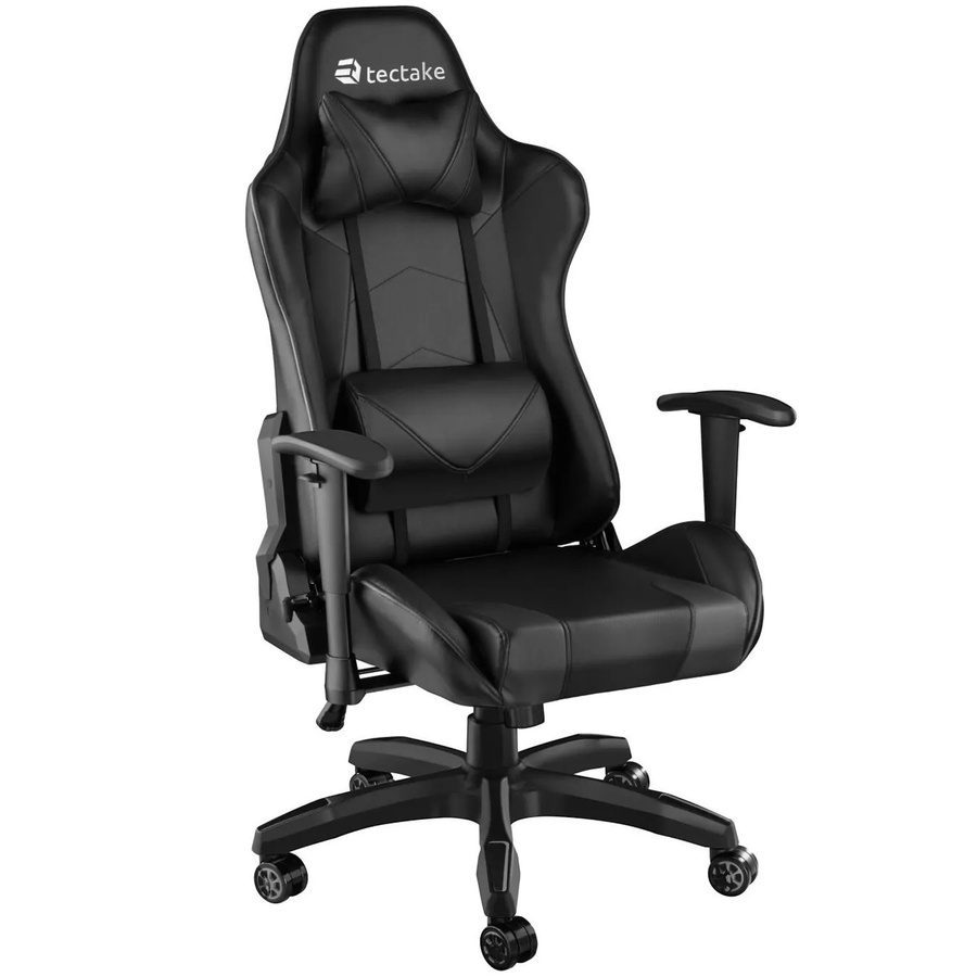 tectake Racing Gaming Stuhl in Schwarz mit Kunstlederbezug, ergonomische Form, verstellbare Rückenlehne, abnehmbare Nacken- und Lendenkissen, Belastbarkeit 120 kg, B/T/H: 69 x 68 x 125 cm - Bild 3