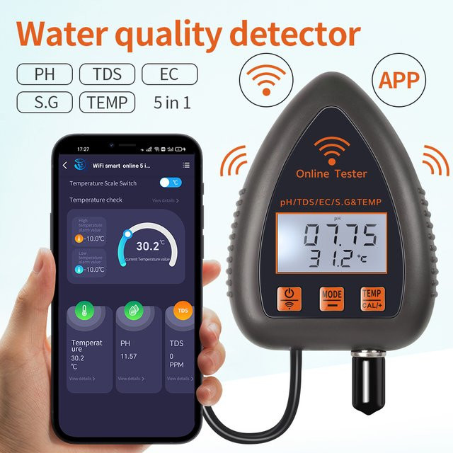 JUANJUAN 5-in-1 Digitaler Wasserqualitätsmonitor mit Tuya WiFi und Bluetooth App zur Messung von TDS, EC, Salz, S.G., Temperatur und pH-Wert in Schwarz - Bild 1