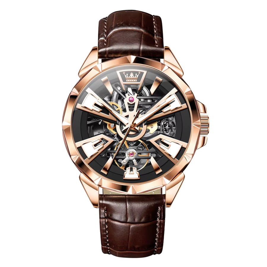 OLEVS Armbanduhr Automatik, Edelstahl, Leder, Schwarz, Herren - Bild 7