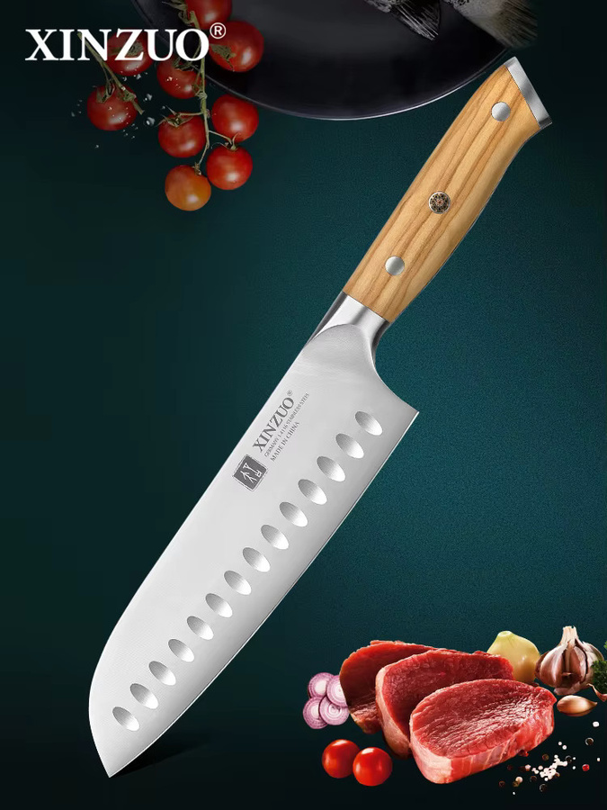 XINZUO Santoku-Schneidemesser aus deutschem 1.4116 Edelstahl mit Olivenholzgriff, 18 cm - Bild 4