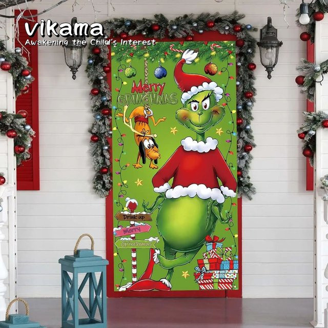 VIKAMA Weihnachts-Türvorhang Wandteppich mit grünem Monster-Motiv, Dekoration für Weihnachten, Partys und Geburtstage, B/H: 90 x 180 cm - Bild 1