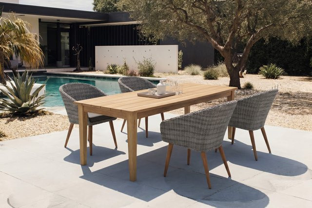 OUTFLEXX Borneo/Kota Garten-Essgruppe aus Akazie, Alu und Polyrattan in Natur/Grau-meliert mit Tisch und 4 Cocktailsesseln, B/T: 220 x 100 cm - Bild 1