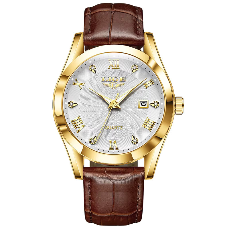 LIGE Armbanduhr, Quarz, Gold, Leder, Schwarz, Herren - Bild 6