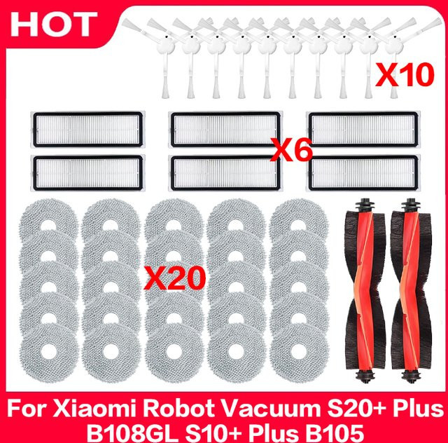 QIXIAO Zubehör-Set für Xiaomi Roboter-Staubsauger S20+ Plus B108GL und S10+ Plus B105 in Weiß mit Hauptbürste, Seitenbürste, Hepa-Filter und Wischtuch - Bild 1