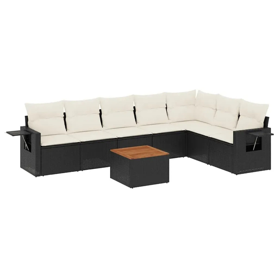 vidaXL 8-teilige Garten-Sofagarnitur in L-Form aus Polyrattan und Akazienholz mit Kissen in Schwarz und Cremeweiß - Bild 2