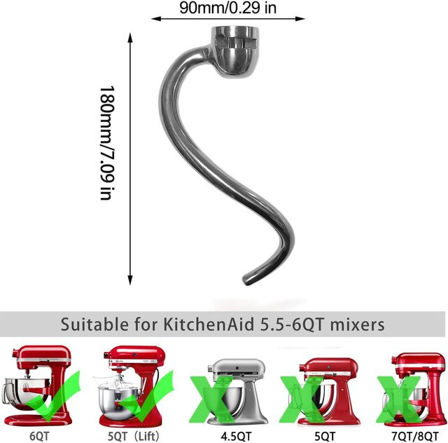 KitchenAid Spiral-Teighaken aus Edelstahl in Silber für 6qt Standmixer - Bild 1