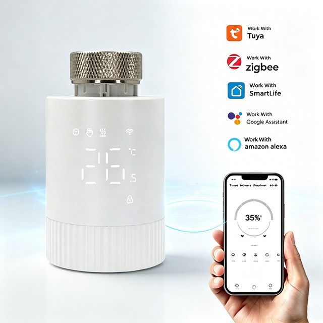 Tuya Zigbee 3.0 Smart TRV Heizkörperthermostat mit WLAN Fernbedienung und Sprachsteuerung für Alexa und Google Home, Weiß - Bild 1