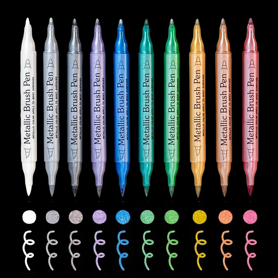 CEESO 10-teiliges Metallic-Marker Set mit Brush- und Fine-Spitze, Tinte auf Wasserbasis in Gold, Silber und Multicolour für Glas, Keramik und Scrapbooking - Bild 2
