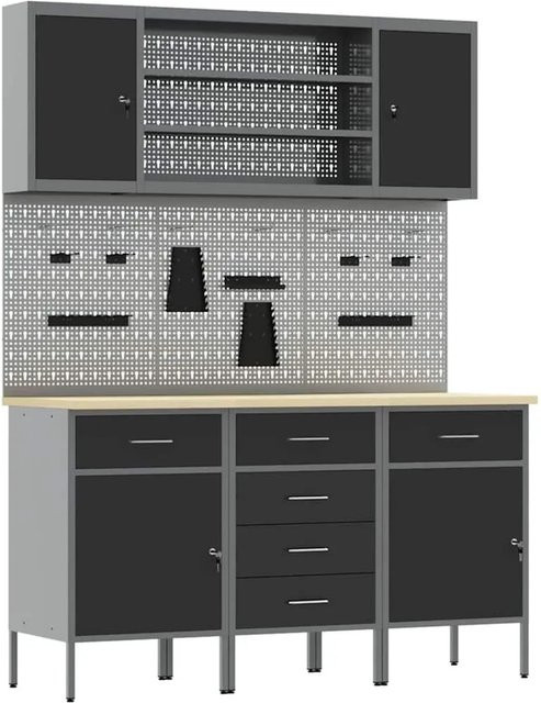 vidaXL Werkbank mit 7 Teilen und Schubladen in Schwarz aus Holz und Stahl mit Pegboard - Bild 1
