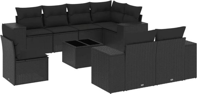vidaXL 9-tlg. Garten-Sofagarnitur in L-Form aus schwarzem Poly-Rattan mit Kissen und pulverbeschichtetem Stahlgestell - Bild 1