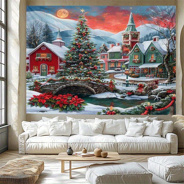 VIKAMA Wandteppich mit amerikanischer Weihnachtsschneeszene und bunten Lichtern Snowy Town Stone Bridge zur Wanddekoration für dein Wohnzimmer - Bild 1