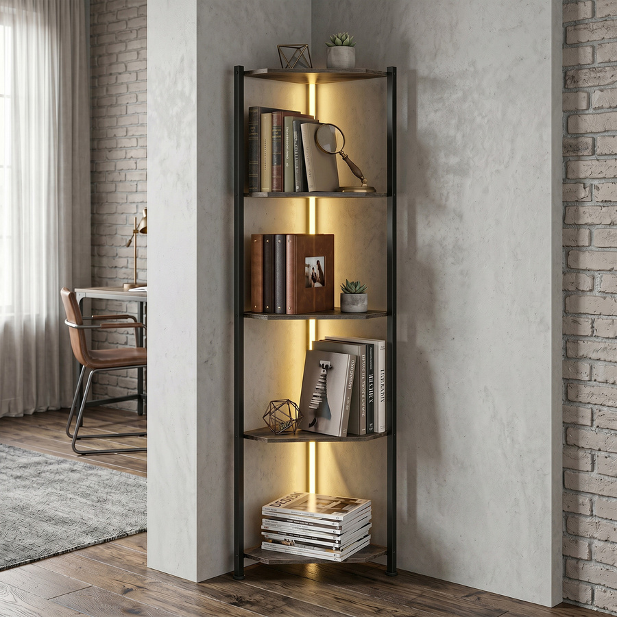 HOMCOM Eckregal mit 5 Ebenen und LED-Beleuchtung in Rustikal-Braun, B/T/H: 32 x 32 x 147 cm - Bild 2