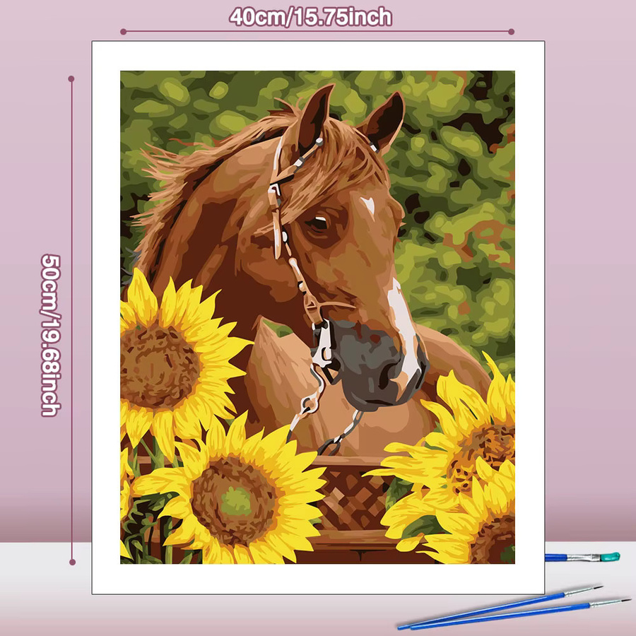Huacan Malen nach Zahlen Set, Pferd und Sonnenblume, Leinwand, Bunt - Bild 2