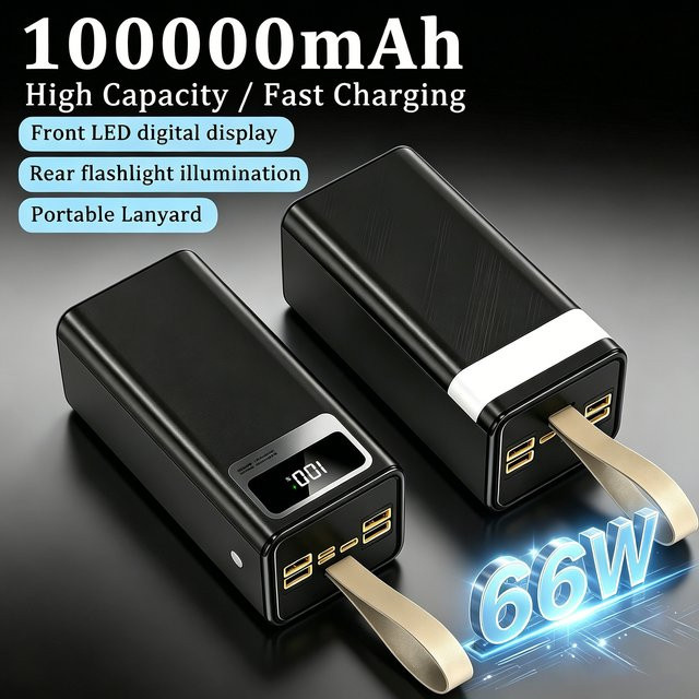 InTessry Powerbank 100000mAh mit 66W Superschnellladen, Tragbares Ladegerät in Schwarz mit LED-Digitalanzeige, Lederband und integrierter Taschenlampe für iPhone und Mehrgeräte-Ladung - Bild 1