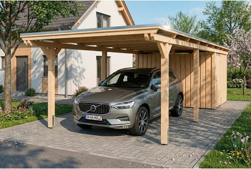 SKANHOLZ Carport Emsland aus Fichte mit Stahl-Dachplatten und Abstellraum, Farbe: beige, B: 846 cm, T: 340 cm, H: 238 cm - Bild 1