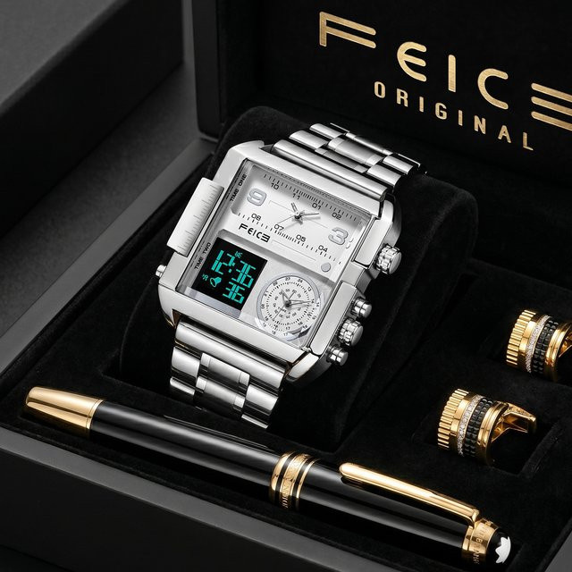 FEICE Armbanduhr, Quarz, Edelstahl, eckig, Silber, Herren - Bild 1