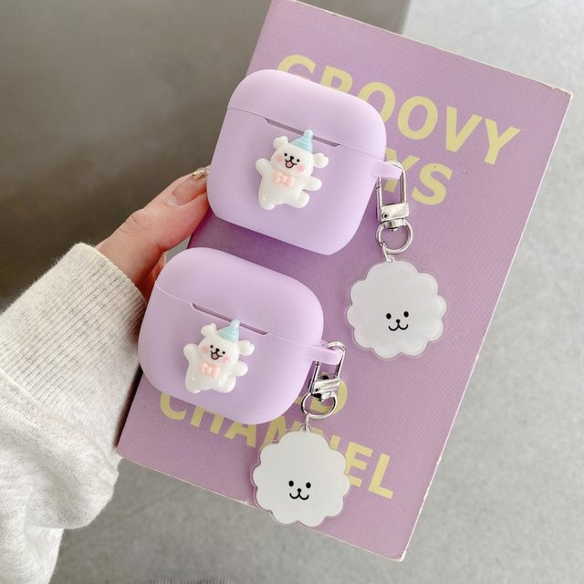 Niedliche 3D Hund Silikon Schutzhülle für Apple AirPods 1 2 3 4 und Pro 2. Generation mit Welpen-Zubehör in Lila - Bild 1
