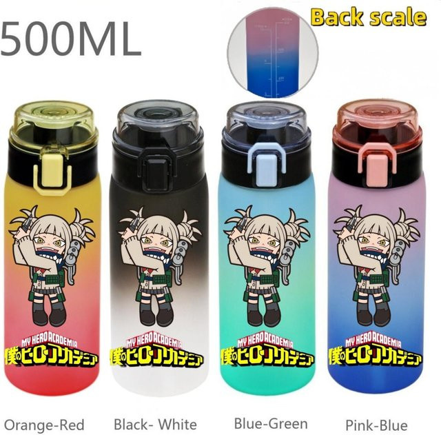 My Hero Academia Sport-Wasserflasche mit Farbverlauf und Wasserstandslinie, auslaufsicher und tragbar, Pink-Blue, 500 ml - Bild 1